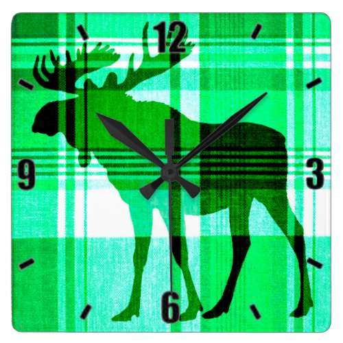 Rustic green plaid moose wall clock