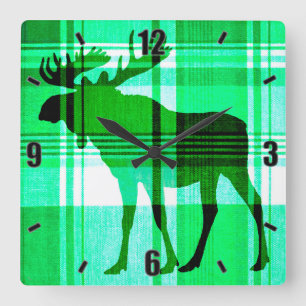 Rustic green plaid moose wall clock