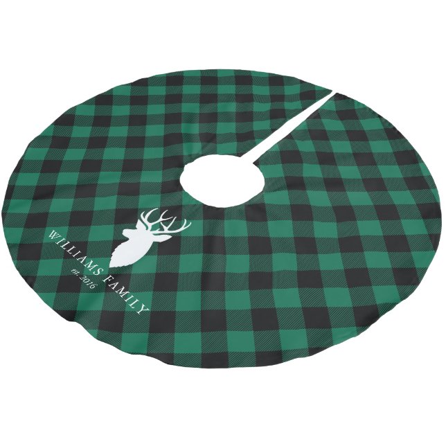 Rustic Green Plaid Pattern Family Monogram Brushed Polyester Tree Skirt (Angled)