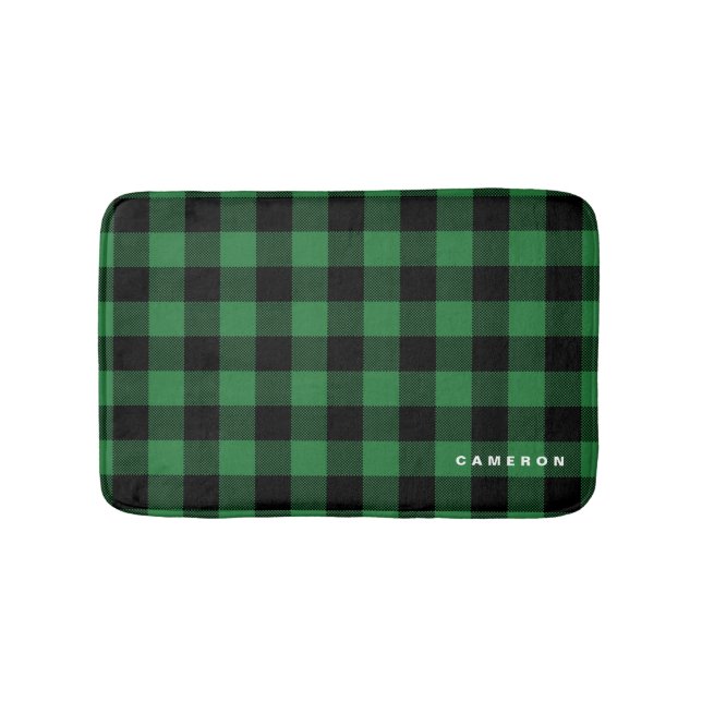 Rustic Green Plaid Pattern Holiday Personalized Bathroom Mat (Front)