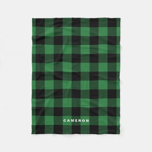 Rustic Green Plaid Pattern Holiday Personalized Fleece Blanket (Front)