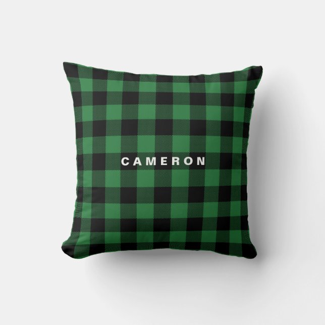 Rustic Green Plaid Pattern Holiday Personalized Throw Pillow (Front)