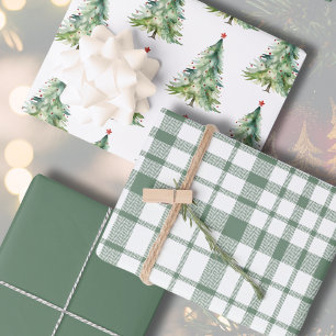 Rustic Green Plaid Watercolor Christmas Tree Wrapping Paper Sheets