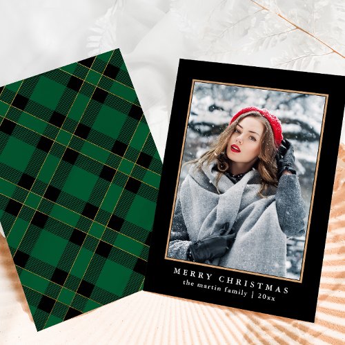 Rustic Green Plaid with Faux Gold Photo Christmas Holiday Card