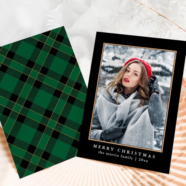 Rustic Green Plaid with Faux Gold Photo Christmas Holiday Card (Creator Uploaded)