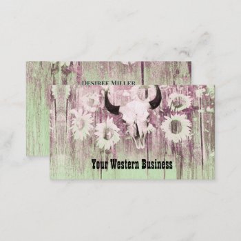 Rustic Green Purple Western Bull Skull Sunflowers Business Card by MargSeregelyiPhoto at Zazzle