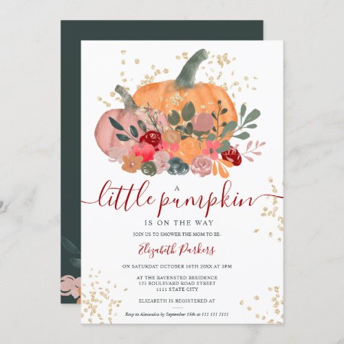 Rustic green red floral pumpkin fall baby shower invitation