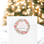 Rustic green red floral wreath merry Christmas Classic Round Sticker<br><div class="desc">Get ready for this season's gift giving with our Rustic green red floral wreath merry Christmas stickers! Picture rustic green pine branches, festive red berries, and delicate ice-blue flowers, all hand-painted for that special touch. The elegant script font adds a touch of sophistication, setting the perfect tone for a festive...</div>