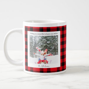 Rustic Green Red Plaid Monogram 2 Photo Christmas Giant Coffee Mug