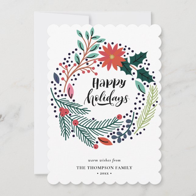 Rustic Green Red Poinsettia Floral Wreath Simple Holiday Card (Front)