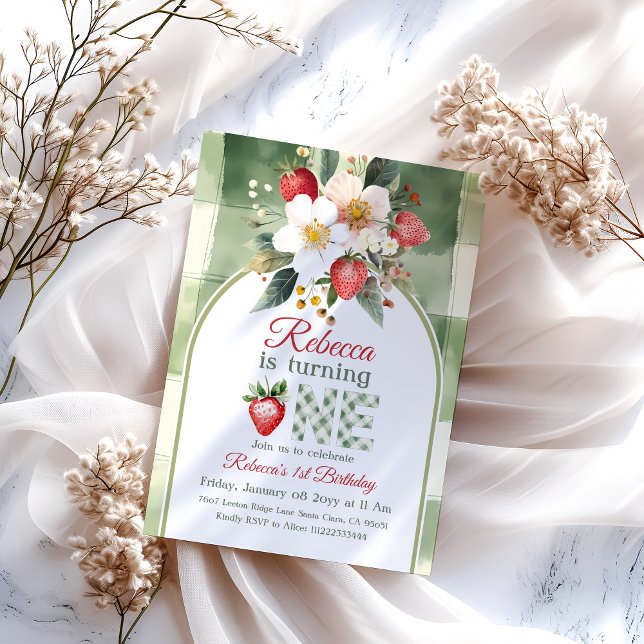 Rustic Green Red Strawberry Berry First Birthday Invitation (Creator Uploaded)