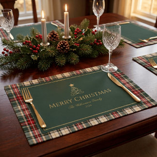 Rustic Green & Red Tartan Plaid Christmas Tree Cloth Placemat