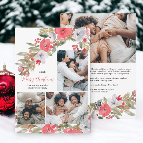 Rustic green red wreath Christmas family 5 photos Holiday Card
