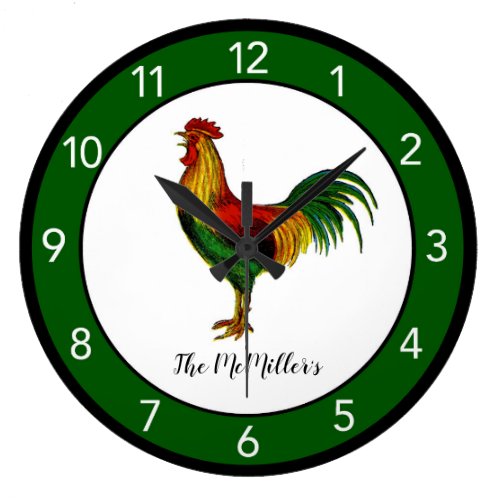 Rustic Green Rooster Decorative Large Clock