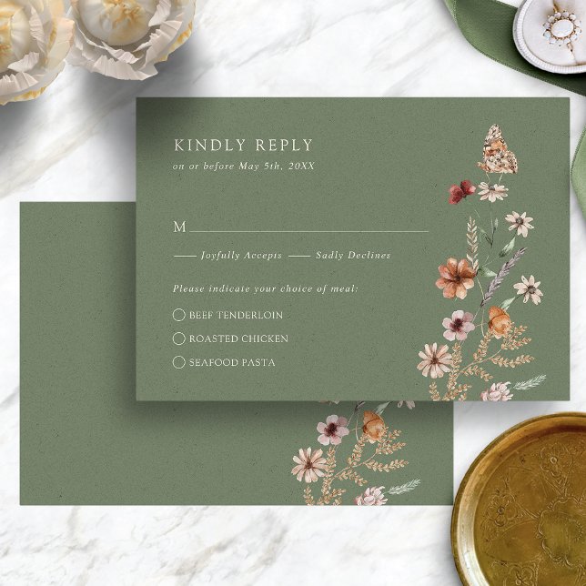 Rustic Green RSVP Card (Rustic Sage Green Boho Wildflower RSVP Card with Butterfly by Painted Paperie
)