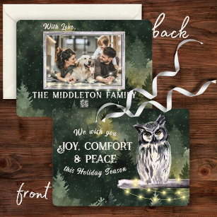 Rustic Green Snowy Owl Christmas Family Photo  Holiday Card