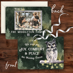 Rustic Green Snowy Owl Christmas Family Photo Holiday Card