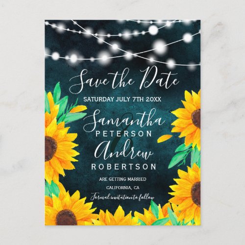 Rustic green string light sunflowers save the date announcement postcard