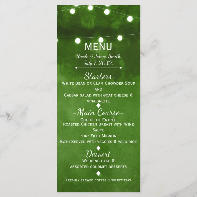 Rustic Green String Lights Elegant Wedding Menu (Front)