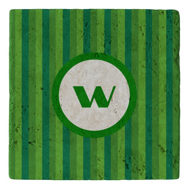 Rustic Green Striped Stone Trivet with Monogram (Front)