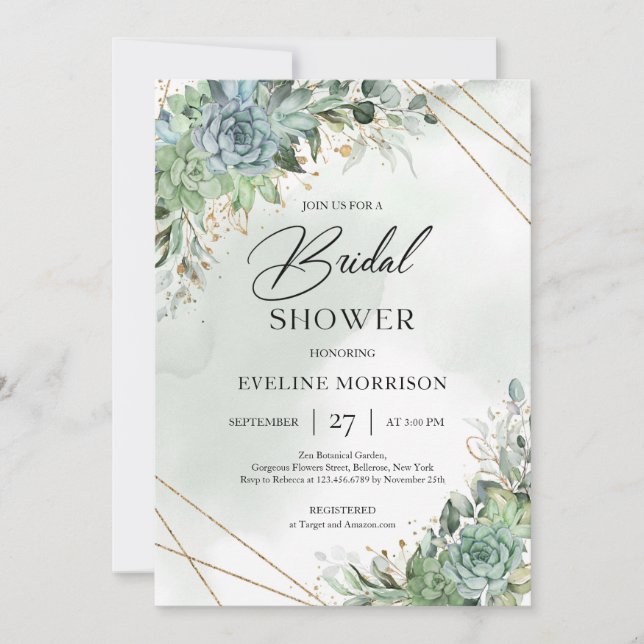 Rustic green succulents eucalyptus foliage gold invitation (Front)