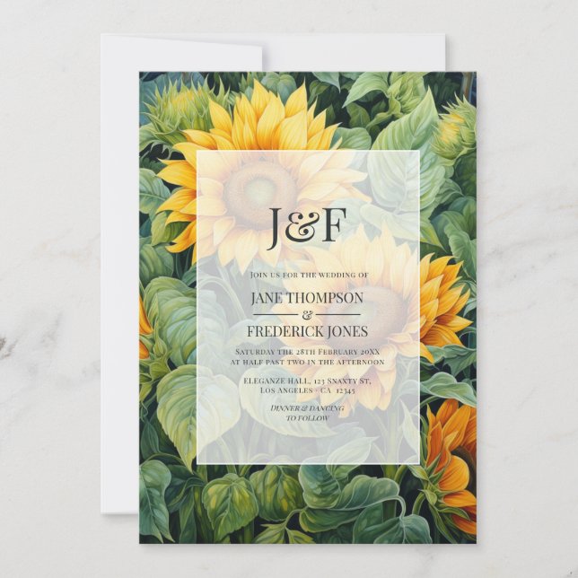 Rustic Green & Sunflower Floral Wedding Monogram Invitation (Front)
