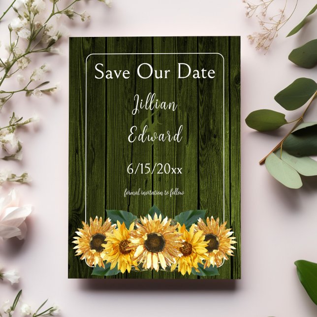 Rustic Green Sunflower Save The Date Announcement (Rustic Green Sunflower Save the Date)