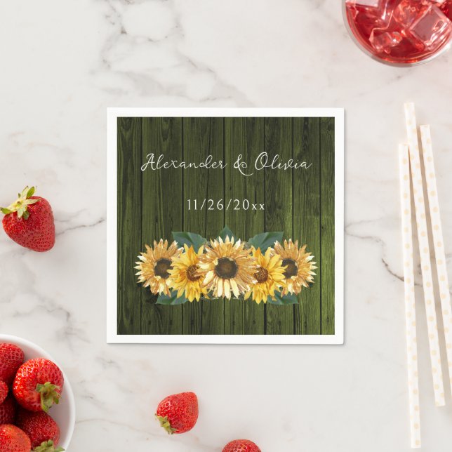 Rustic Green Sunflower Wedding Napkins (Insitu)