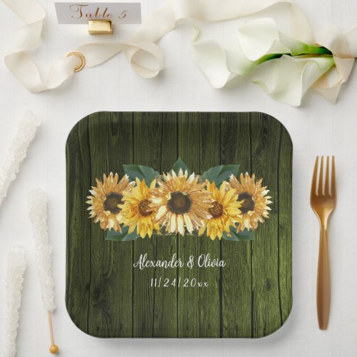 Rustic Green Sunflower Wedding Paper Plates