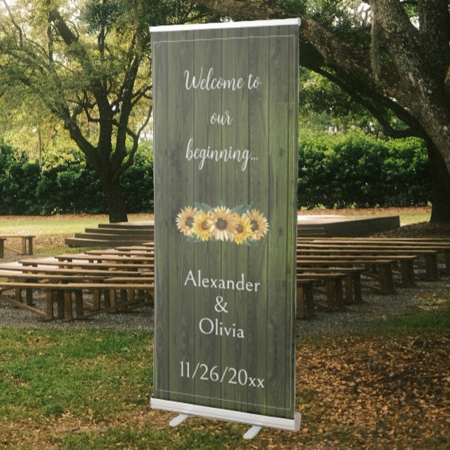 Rustic Green Sunflower Wedding Retractable Banner (Rustic Green Sunflower Wedding Welcome Banner)