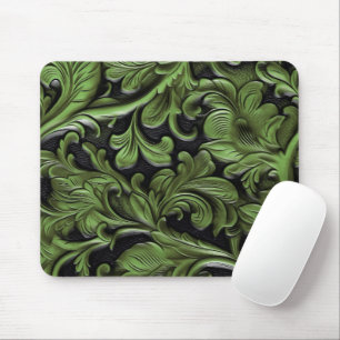 Rustic green tooled leather mouse pad