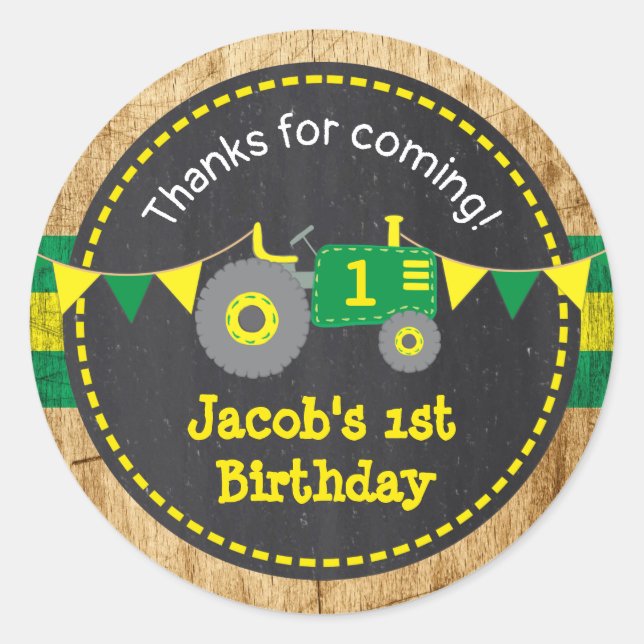 Rustic Green Tractor 1st Birthday Favor Sticker (Front)