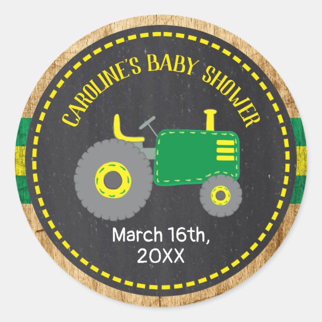 Rustic Green Tractor Baby Shower Favor Labels (Front)
