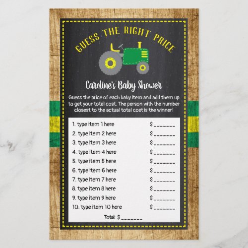 Rustic Green Tractor Baby Shower Guess Price Game
