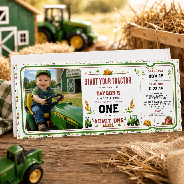Rustic Green Tractor Farm 1st Birthday Ticket Invitation (Rustic Green Tractor Farm 1st Birthday Ticket Invitation
)