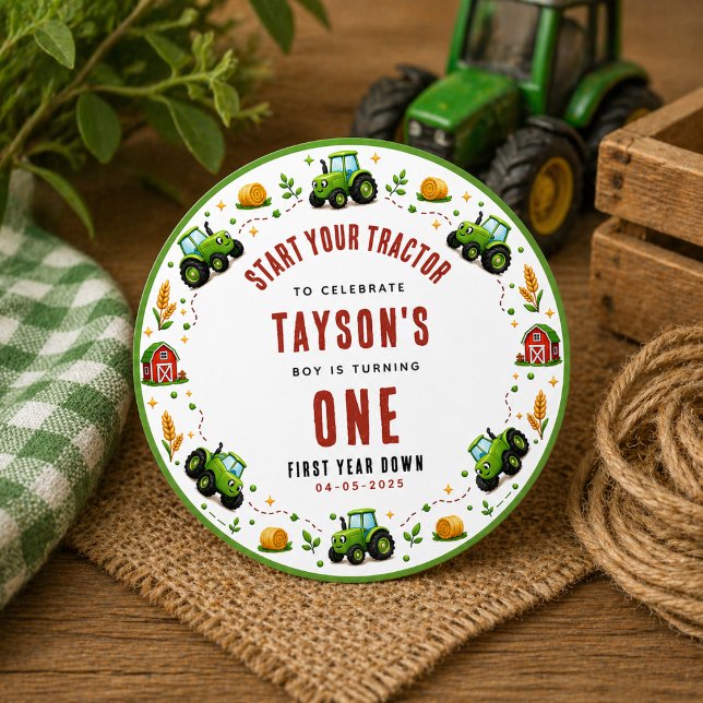 Rustic Green Tractor Farm First Year Down One Classic Round Sticker (Rustic Green Tractor Farm First Year Down One Classic Round Sticker
)