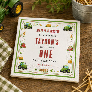 Rustic Green Tractor Farm First Year Down One Napkins