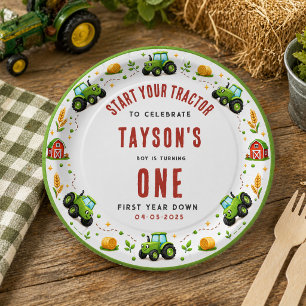 Rustic Green Tractor Farm First Year Down One Paper Plates