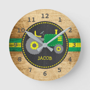 Rustic Green Tractor Faux Wood Round Clock