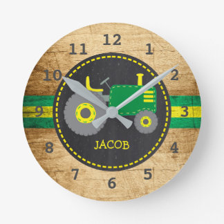 Rustic Green Tractor Faux Wood Round Clock