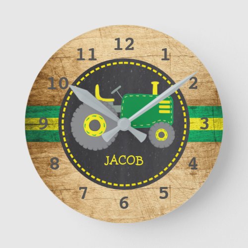 Rustic Green Tractor Faux Wood Round Clock