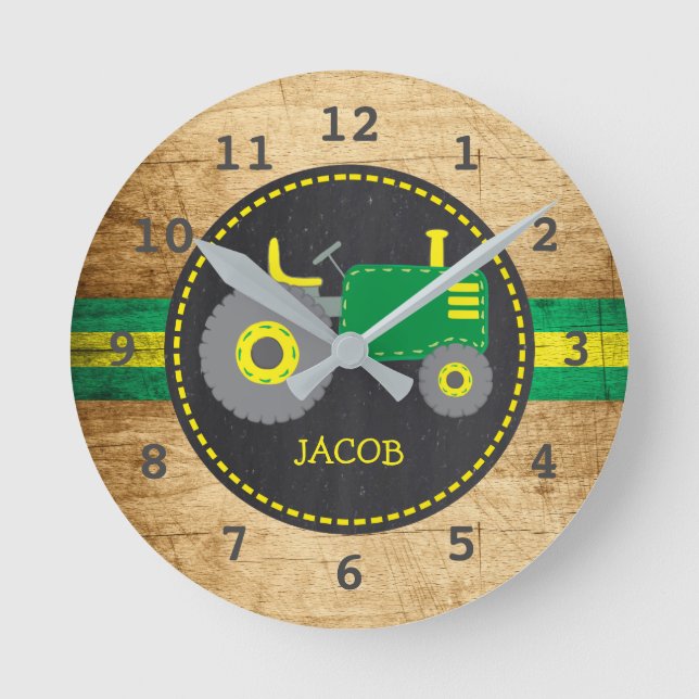 Rustic Green Tractor Faux Wood Round Clock (Front)