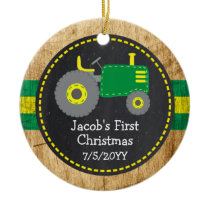 Rustic Green Tractor First Christmas Wood Photo Ceramic Ornament