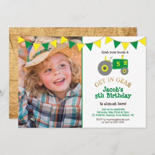 Rustic Green Tractor Photo Birthday Party Invitation