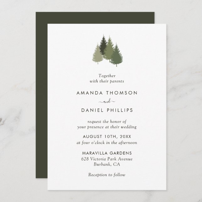 Rustic Green Tree Forest Wedding Invitations (Front/Back)