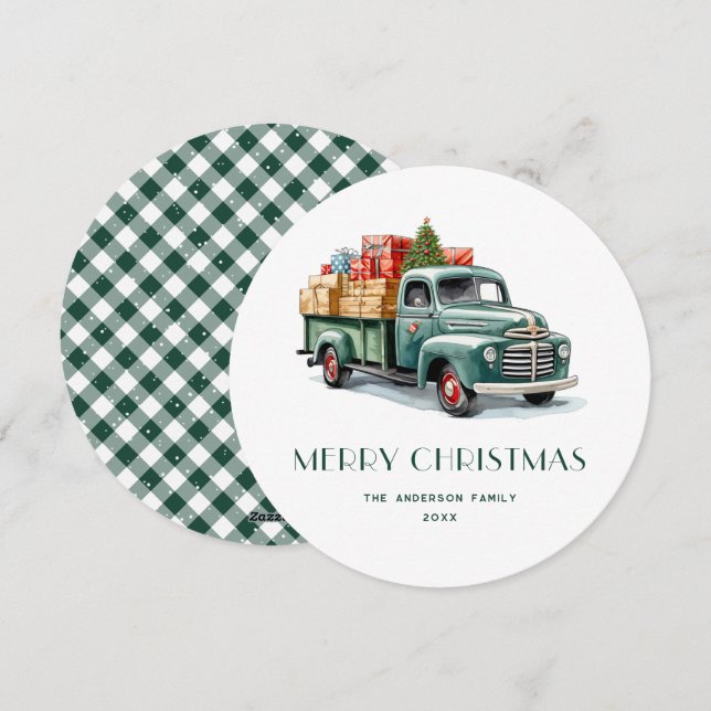 Rustic Green Truck Gingham Plaid Christmas Cards (Front/Back)