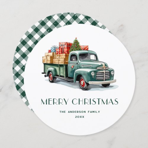 Rustic Green Truck Gingham Plaid Christmas Cards