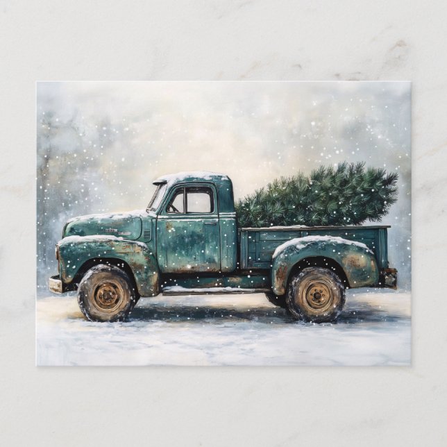 Rustic Green Truck with Christmas Tree Postcard (Front)