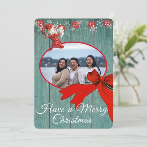 Rustic Green Vintage Red Elf Photo Merry Christmas Holiday Card