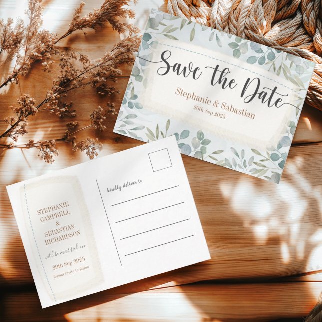 Rustic Green Watercolor Botancial Save the Date Announcement Postcard (Creator Uploaded)